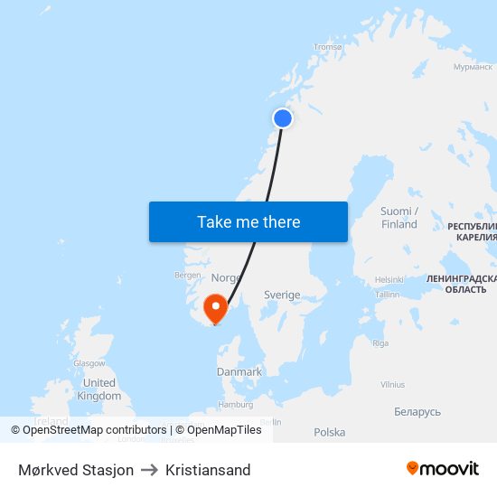 Mørkved Stasjon to Kristiansand map