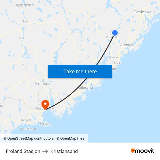 Froland Stasjon to Kristiansand map