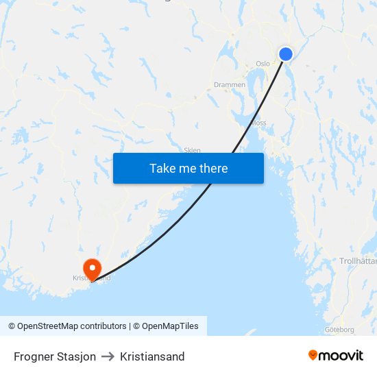 Frogner Stasjon to Kristiansand map