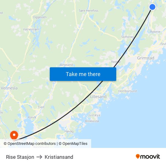 Rise Stasjon to Kristiansand map