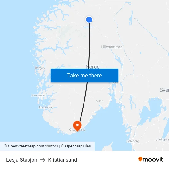 Lesja Stasjon to Kristiansand map