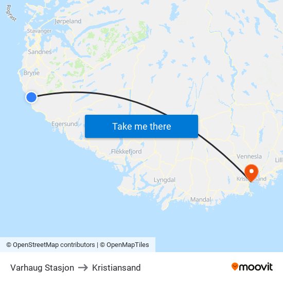 Varhaug Stasjon to Kristiansand map