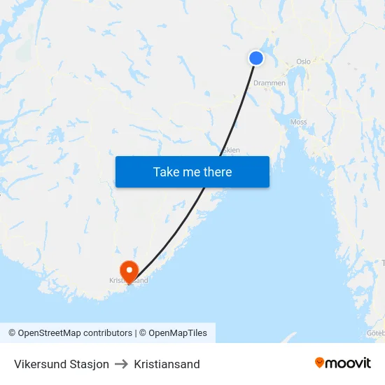 Vikersund Stasjon to Kristiansand map