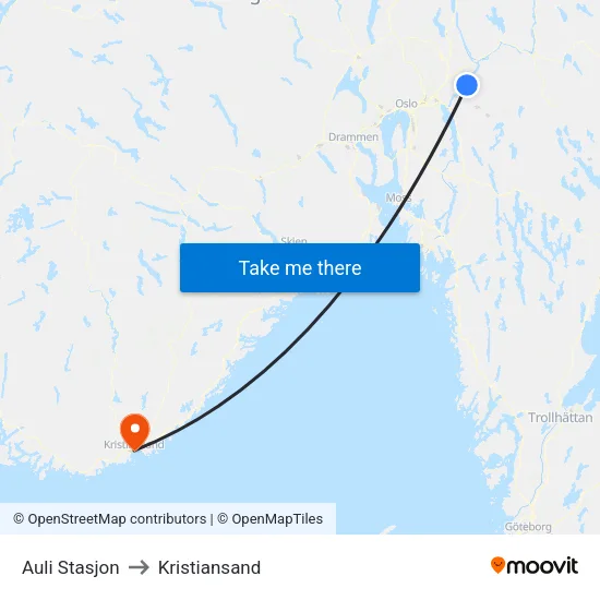 Auli Stasjon to Kristiansand map