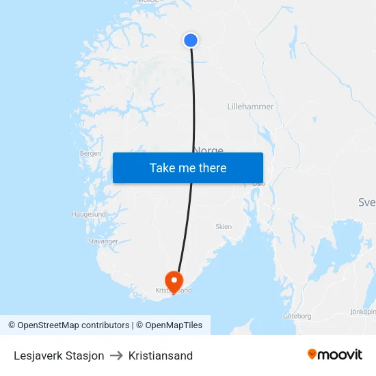 Lesjaverk Stasjon to Kristiansand map