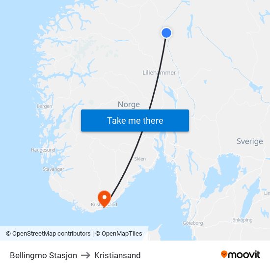 Bellingmo Stasjon to Kristiansand map