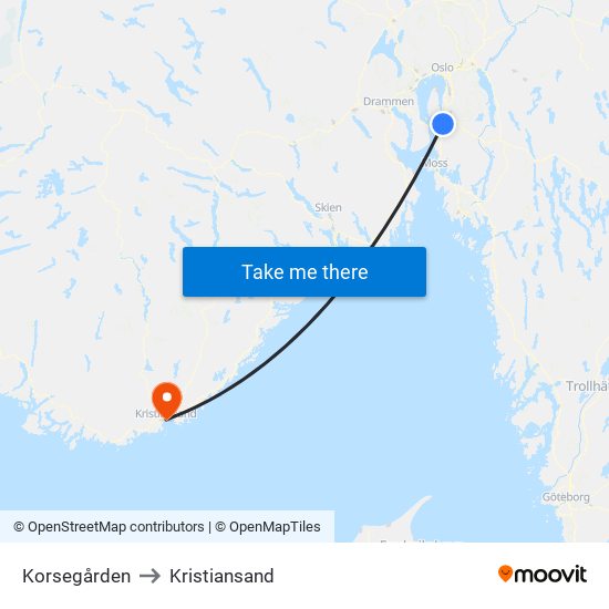 Korsegården to Kristiansand map