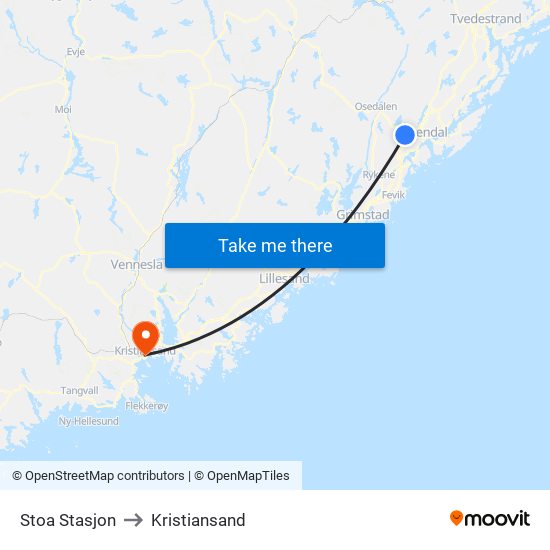 Stoa Stasjon to Kristiansand map