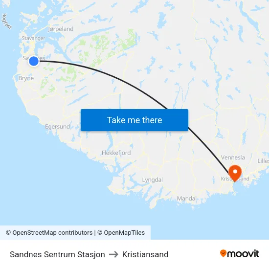 Sandnes Sentrum Stasjon to Kristiansand map