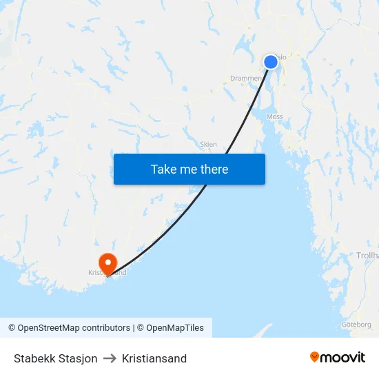 Stabekk Stasjon to Kristiansand map