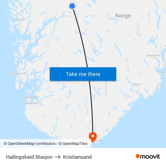 Hallingskeid Stasjon to Kristiansand map