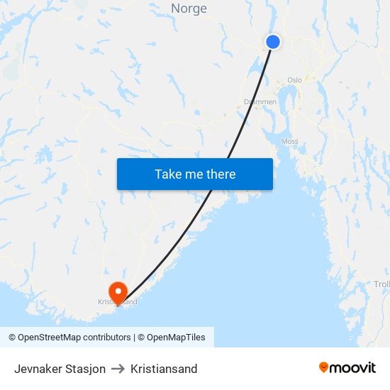 Jevnaker Stasjon to Kristiansand map