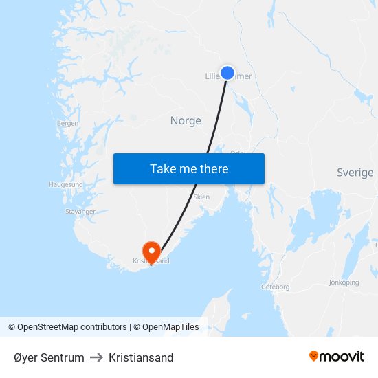 Øyer Sentrum to Kristiansand map
