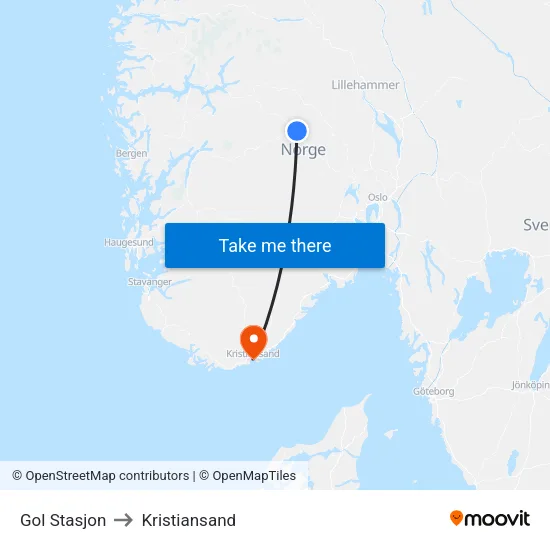 Gol Stasjon to Kristiansand map