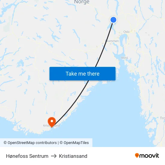 Hønefoss Sentrum to Kristiansand map