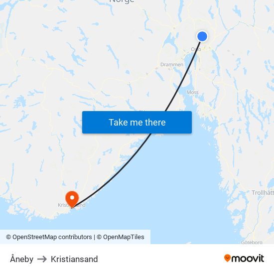 Åneby to Kristiansand map