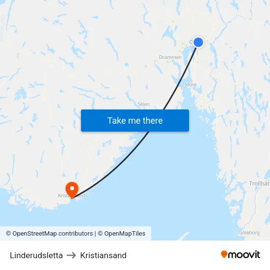 Linderudsletta to Kristiansand map