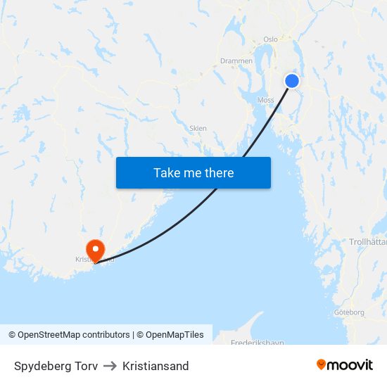 Spydeberg Torv to Kristiansand map