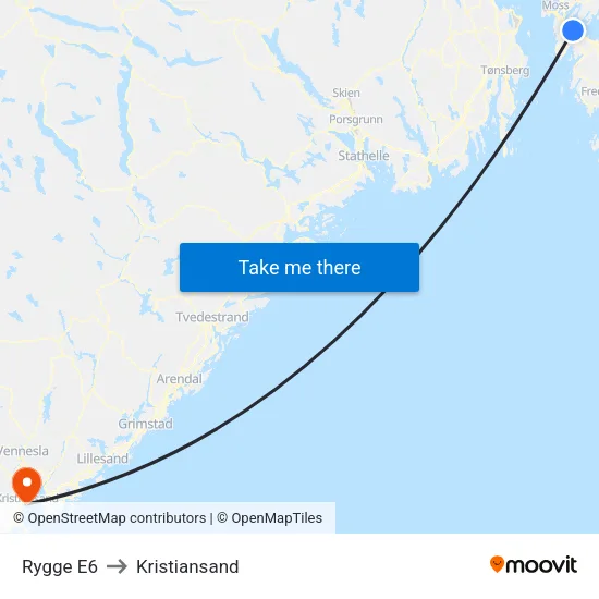 Rygge E6 to Kristiansand map