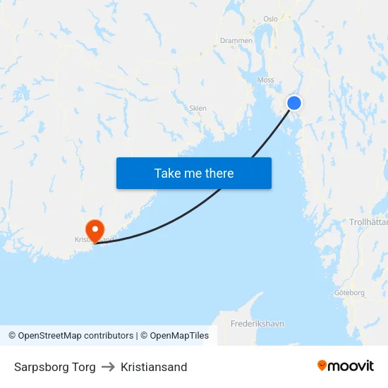 Sarpsborg Torg to Kristiansand map
