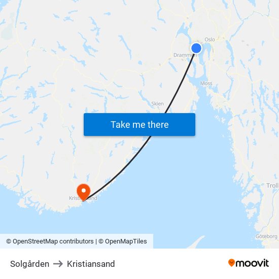 Solgården to Kristiansand map