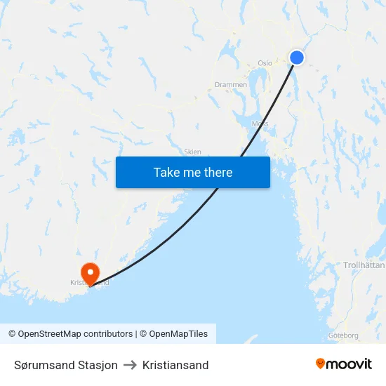 Sørumsand Stasjon to Kristiansand map