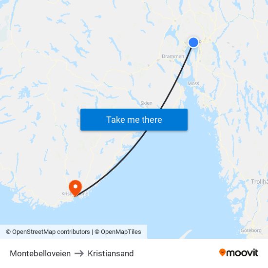 Montebelloveien to Kristiansand map