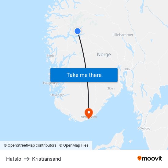 Hafslo to Kristiansand map