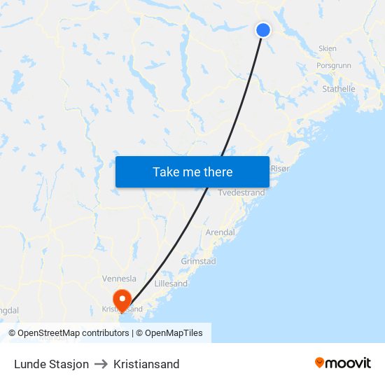 Lunde Stasjon to Kristiansand map