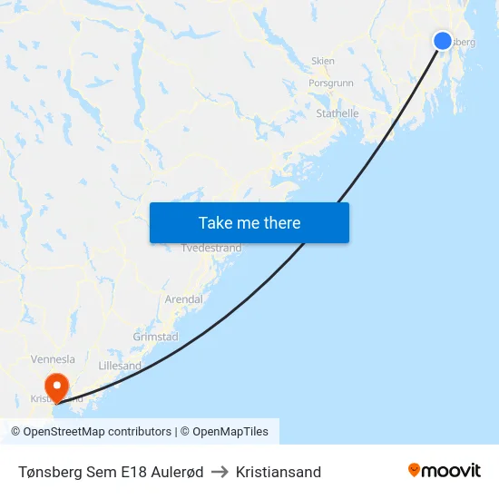 Tønsberg Sem E18 Aulerød to Kristiansand map