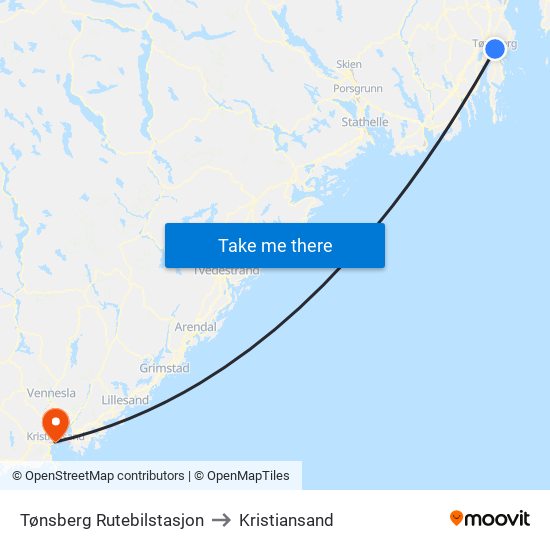 Tønsberg Rutebilstasjon to Kristiansand map