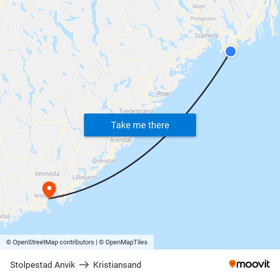 Stolpestad Anvik to Kristiansand map