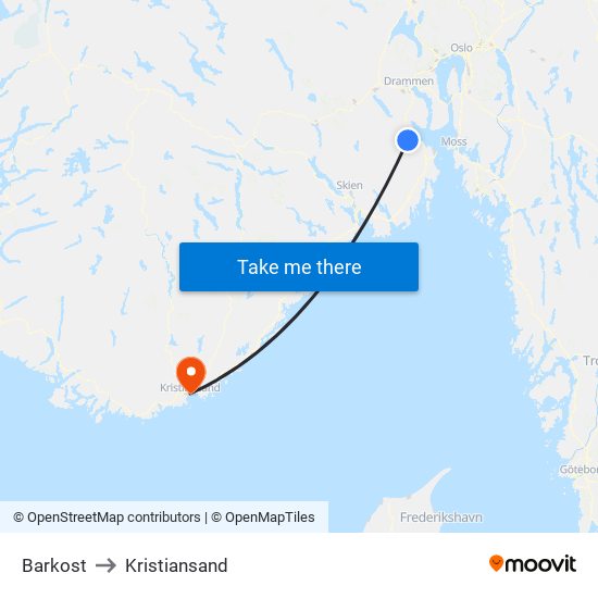 Barkost to Kristiansand map