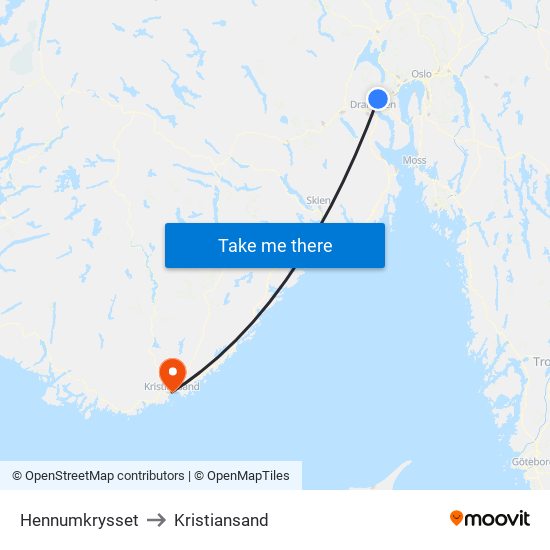 Hennumkrysset to Kristiansand map