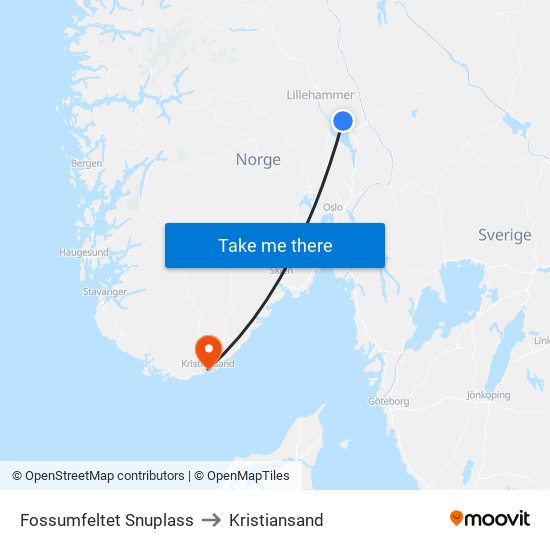 Fossumfeltet Snuplass to Kristiansand map