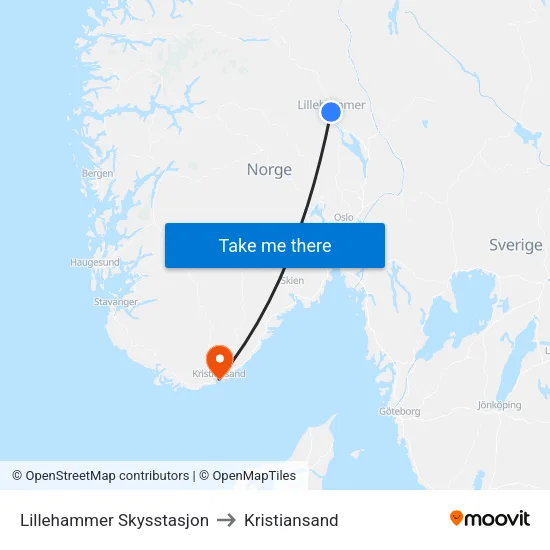 Lillehammer Skysstasjon to Kristiansand map