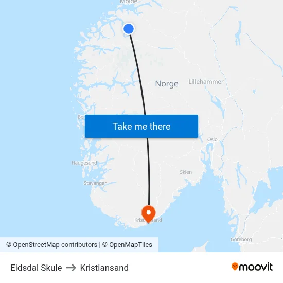 Eidsdal Skule to Kristiansand map