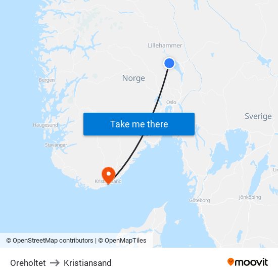 Oreholtet to Kristiansand map