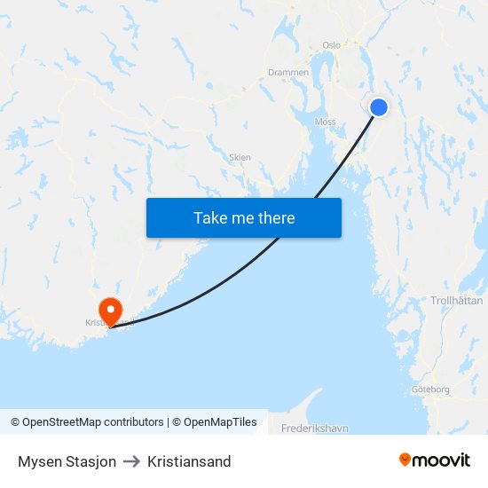 Mysen Stasjon to Kristiansand map
