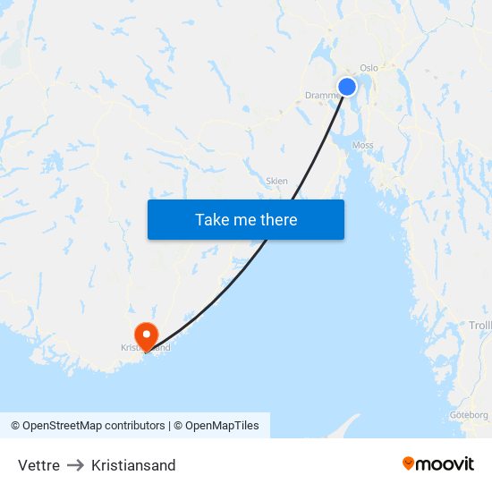 Vettre to Kristiansand map