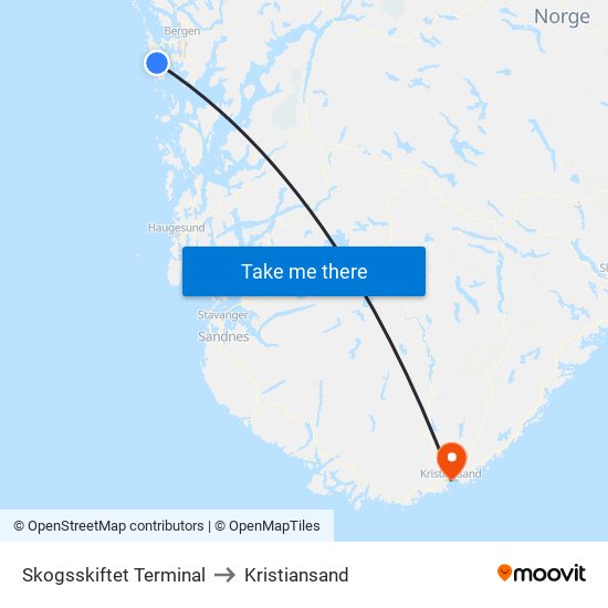 Skogsskiftet Terminal to Kristiansand map