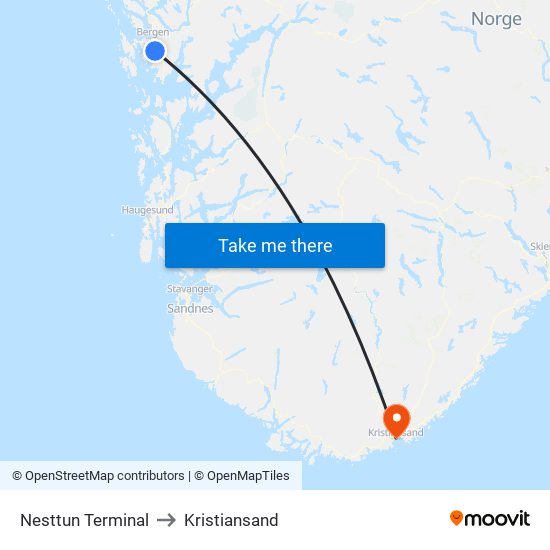 Nesttun Terminal to Kristiansand map