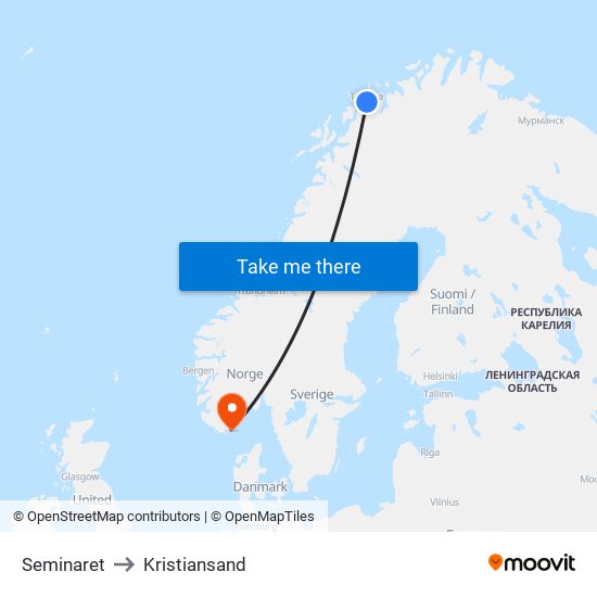 Seminaret to Kristiansand map