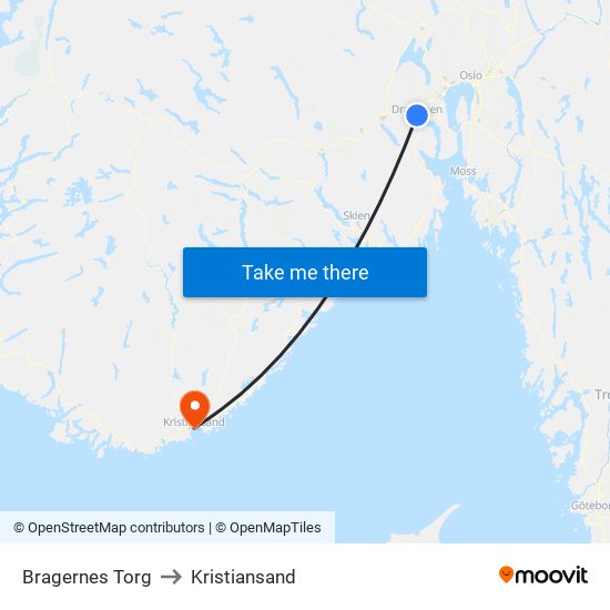 Bragernes Torg to Kristiansand map