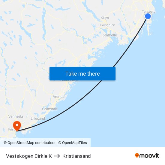 Vestskogen Cirkle K to Kristiansand map