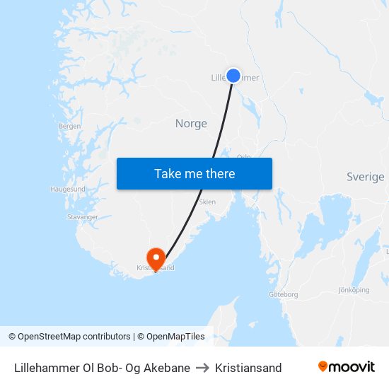 Lillehammer Ol Bob- Og Akebane to Kristiansand map