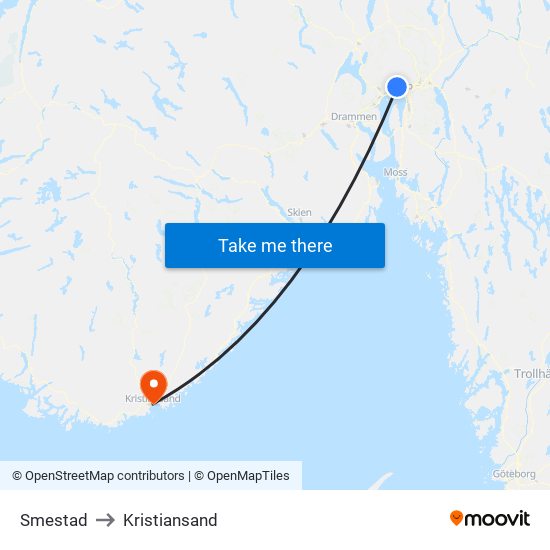Smestad to Kristiansand map