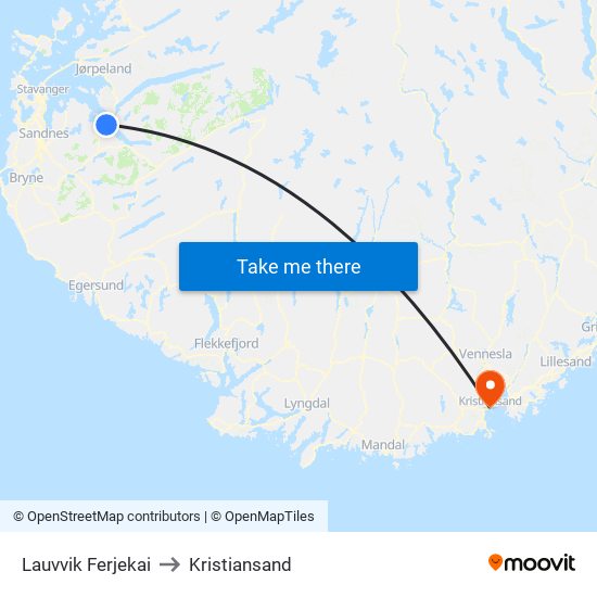 Lauvvik Ferjekai to Kristiansand map