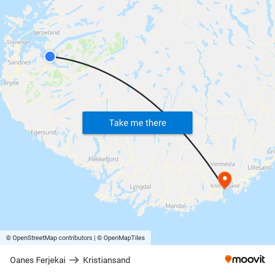 Oanes Ferjekai to Kristiansand map