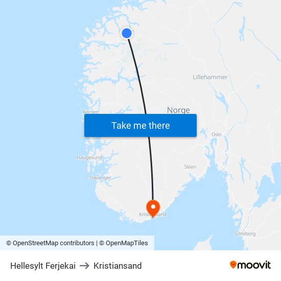 Hellesylt Ferjekai to Kristiansand map